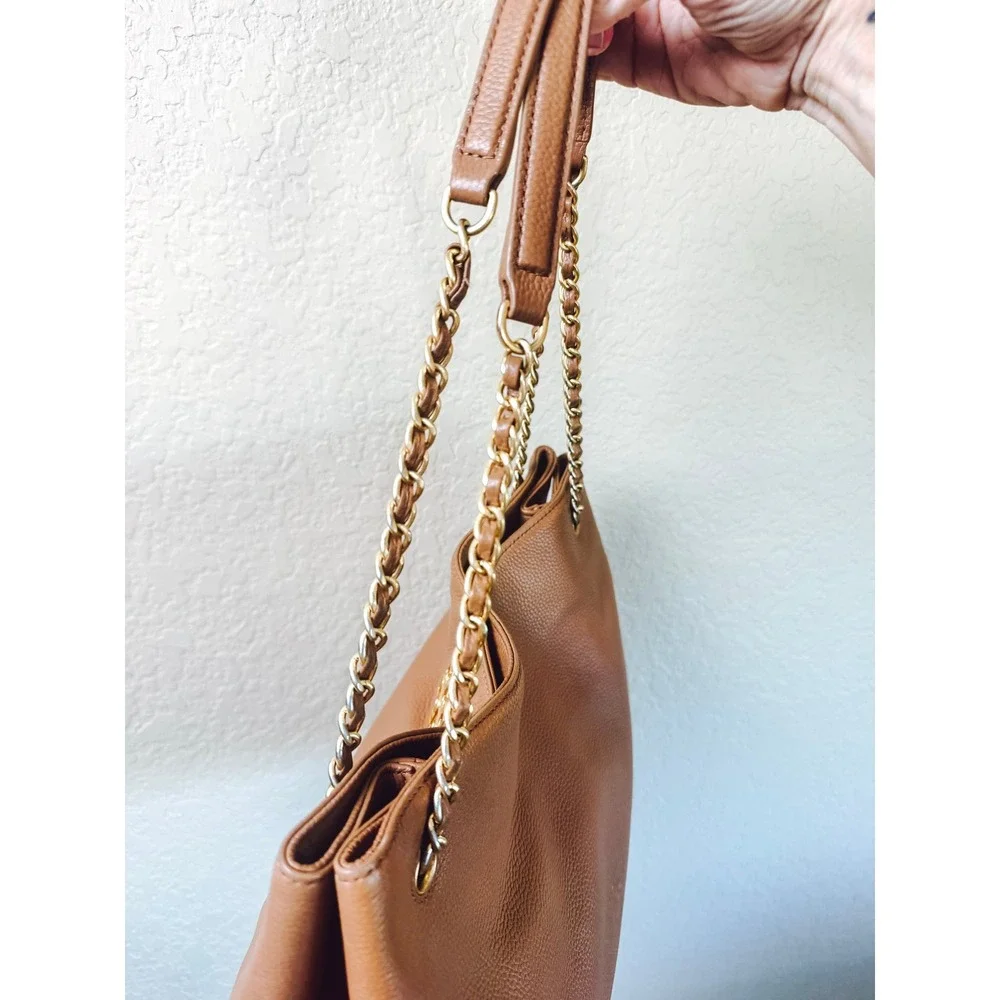 Tory Burch Amanda Large Tote Pebbled Leather Chain Shoulder Bag Camel Tan